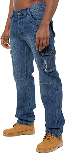 Kruze Jean cargo combat pour homme en denim KZ103 - Pantalon de travail - Toutes tailles, bleu, 38W / 32L