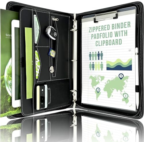 Stylio Portfolio-Ordner mit Reißverschluss, Padfolio-3-Ringbuch (2,5 cm) und Klemmbrett (abnehmbar), Organizer für Dokumente, iPad, Tablet, Telefon, Kunstleder-Notizbuchordner für Damen und Herren
