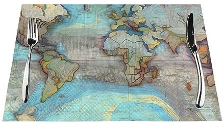 Cartoon Weltkarte Platzsets, PVC gewebte Tischsets, 6 Stück, 30,5 x 45,7 cm, Küchentischdekorationen, waschbar und abwischbar.