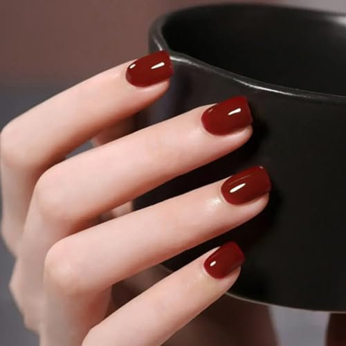 24Pcs Press On Short Square Nails - Purplish Red French Glossy Pure Colour Fake Acrylic Stick On With Glue Stickers - Removable Full Cover Kit for Women and Girls