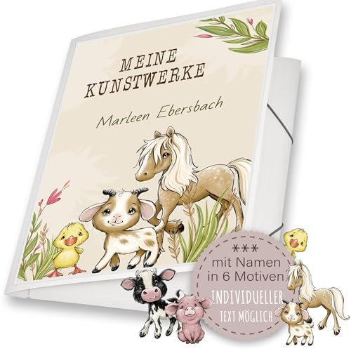 Zeichenmappe A4 oder A3 Schule Kindergarten Mappe personalisiert Namen Farm Pferd Ente Ziege Kuh Ferkel - Kunstwerke Erinnerungsmappe Sammelmappe Junge Mädchen