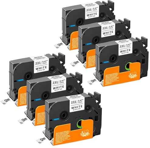 SHUOLEI Kompatibel Tze-231 Schriftband Ersatz für Brother P-touch Bänder TZe231 Tz231 Tzc231 12mm Laminated Schriftband Schwarz auf Weiß für PT-1090 1280 H105 H108 H110 H200 D200 D220 Cube, 6 Pack