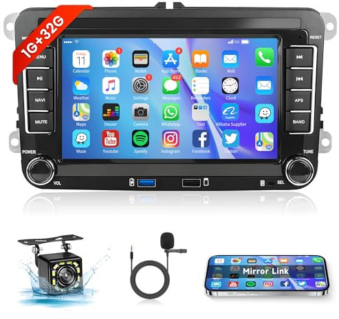 1G+32G Android Radio Coche 2 DIN para VW Golf 5 6 Passat Polo Tiguan Touran Caddy Skoda Seat 7 Pulgadas Radio Coche con GPS Navi WiFi Mirror Link Bluetooth FM/RDS/Dab+/OBD2/DVR/SWC/EQ Cámara Trasera