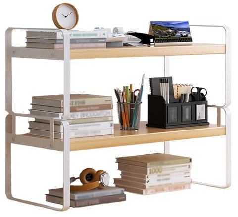 Hggzeg Estantería organizadora de escritorio, estantería de escritorio de madera de 2 niveles, estantería multiusos para almacenamiento en casa, oficina, escuela (color blanco + tronco)