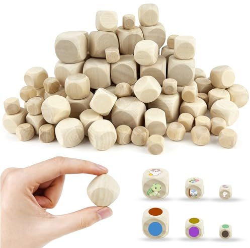 WZYTEU 150 Stück Holzwürfel, Holzfarbe Blanko WüRfel mit Runden Ecken für DIY Kunst(6 Seitige, 20mm/15mm/10mm)
