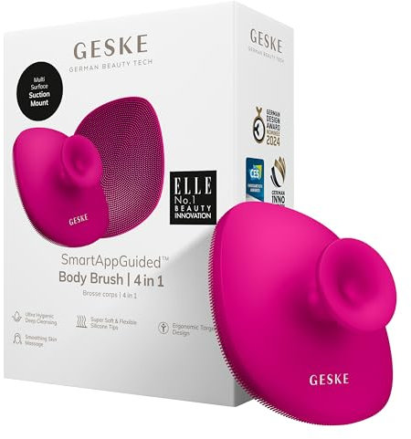 GESKE Body Brush | 4 in 1 | Spazzola detergente per tutto il corpo | Pulizia profonda professionale | Morbide setole in silicone | Design ergonomico per presa a due dita | Deterge/massaggia