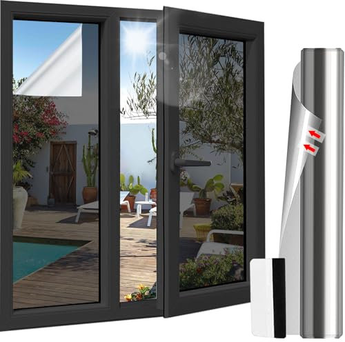 Antrect Sichtschutzfolie für Fenster 50x200cm Folie Sonnenschutz Fenster Spiegelfolie Blickdicht von Außen, Fensterfolie Verspiegelt mit Plastikschaber und Messer