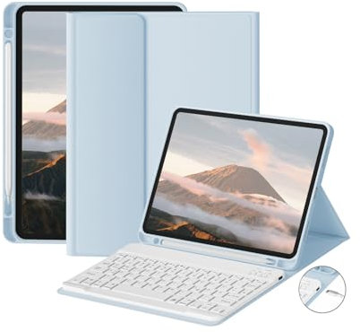zoyu Tastatur Hülle für iPad Pro 11 Zoll 4./3./2. Generation 2022/2021/2020 mit Stifthalter, Ultra Slim, Verstellbarer Ständer, Abnehmbarer Bluetooth QWERTZ Tastatur für iPad Pro 11 Zoll, Hellblau