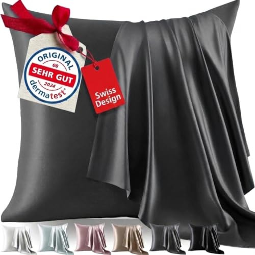 Welldora Kissenbezug 40x40 | 100% Seide 22 Momme | Bettwäsche Schiefergrau | Luxuriöser Seidenkissenbezug aus Maulbeerseide | Höchste Güteklasse 6A, sanft zu Haut & Haar | OEKO-TEX zert. in der Schweiz