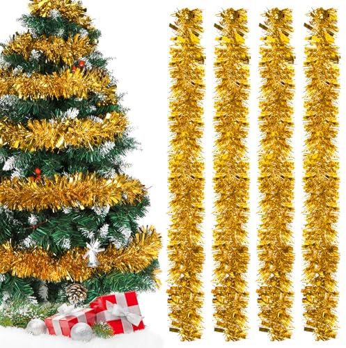 Lametta Girlande Weihnachten Gold,Metallisch Girlande Weihnachtsbaum,4 Stück Glänzend Weihnachtsgirlande,Weihnachtsbaumschmuck Girlande,Lamettergirlande,Festliches Lamettaa Dekoration
