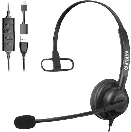 Arama USB Headset with Microphone Noise Cancelling for PC, Computer Headset, Mono Wired USB Headphone for Laptop, Online Classes, Call Center, Business, Teams Zoom Meetings, Skype Chat
