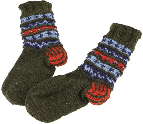 GURU SHOP Handgestrickte Gefütterte Schafwollsocken, Bunte Haussocken, Hüttensocken, Nepal Socken - Olivgrün/bunt, Herren/Damen, Wolle, Size:M (38-40)