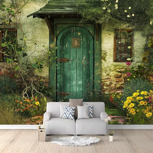 Bemalung Der Holztür Einer Traumhütte Vlies Tapeten Wandtapete 350x256 cm Grün Muster 3D Wandbild Wohnzimmer Wanddekoration Fototapete 3D Tapete Effekt