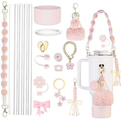 17 Pcs Cup Accessories Set for Stanley, Including Water Bottle Handle Strap, Straw Cover for Stanley, Cup Boot for Stanley, Charms for Stanley Cup 30oz & 40 oz Tumbler (Pink)