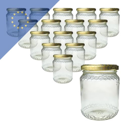 Verpackungsstadl 16x Euro Honigglas 500g – TO 70 Deckel in gold mit Wabenmotiv– Für 1/2 kg Honig, Marmelade & Dips – Mit Wabenmuster – Wiederverwendbar – 16er Set