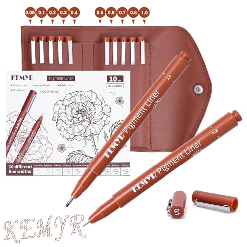 KEMYR Fineliner Set, 10 Pigmentliner mit Aufbewahrungstasche,Sepia | Wasserfeste Pigmenttinte, Dokumentenecht, für Manga, Comic, Illustration, technisches Zeichnen & Kalligraphie
