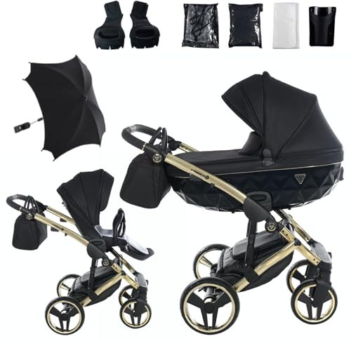 Junama Kinderwagen Diamond S 02 Schwarz und Golden - 2in1 3in1 4in1 mit Sonnenschirm (2 in 1 mit Adaptern)