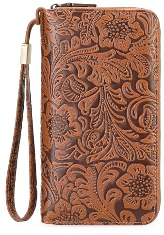 GOIACII Geldbörse Damen Groß Leder Portemonnaie Gross für Frauen mit RFID Blocking Große Kapazität Lang Geldbeutel mit 24 Kartenfächer und Handschlaufe Braun