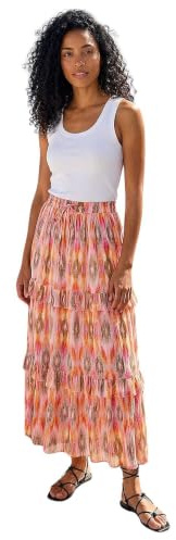 Roman Originals Gypsy Maxi Skirt for Women UK Ladies Tiered Bohemian Long Ankle Length Cotton Elasticated Waistband High Waist Monochrome Lounge Lightweight Holiday
