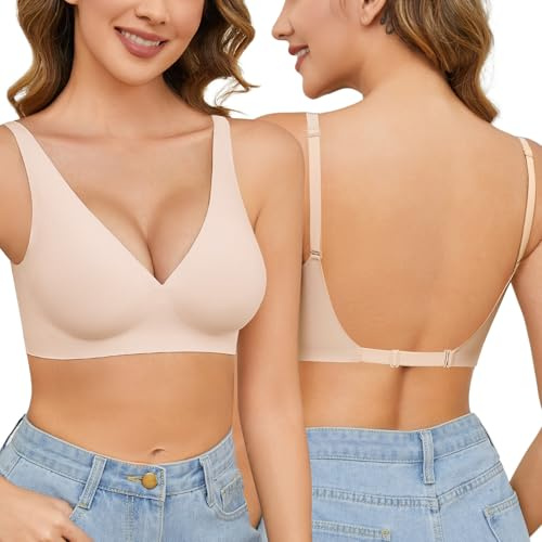 UMIPUBO BH Rückenfrei Damen Ohne Bügel Rückenfreier Starker Halt Push Up Seamless Neckholder Top Bustier Bügelloser V-Ausschnitt Multiway Träger Nahtloser Bra Bralette Vollschalen (Hautfarben, L)