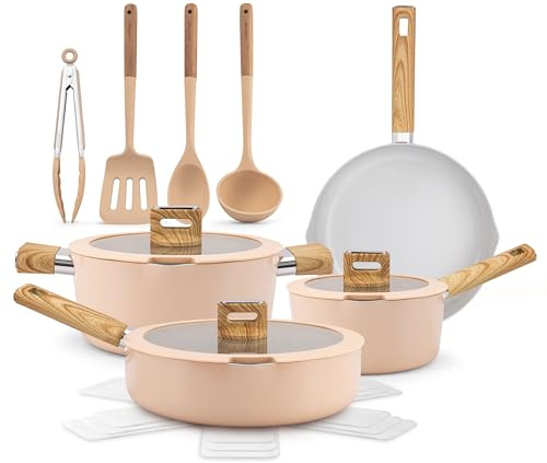 NutriChef Ensemble de Cuisine Céramique 14 Pièces Induction – Batterie de Cuisine Antiadhésive Aluminium Bec Verseur Couvercles en Verre Drainage Poignées Effet Bois Rose