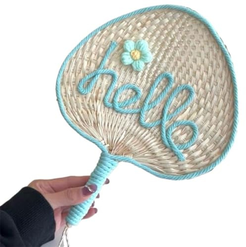 Handheld Wheat Straw Fan,Bamboo Weaving Fan,Chinese Style Manual Fan,Retro Summer Fan,Decorative Craft Fan(S,Blue)