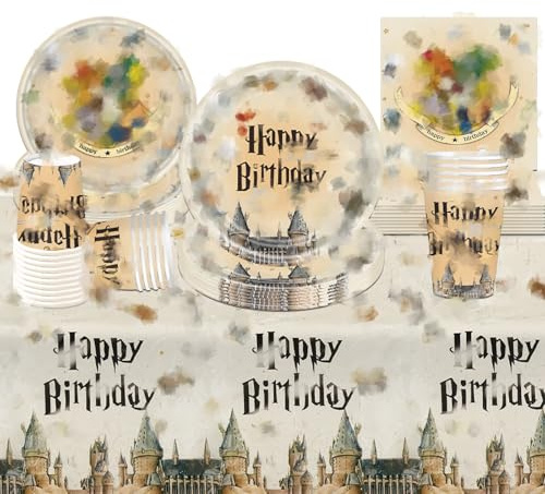 81 Stück Geburtstag Dekoration Partygeschirr Set für 20 Kinder, Cartoon Geburtstagsdeko Magische Schule Party Deko Teller Pappbecher Tischdecke Servietten für Jungen Mädchen