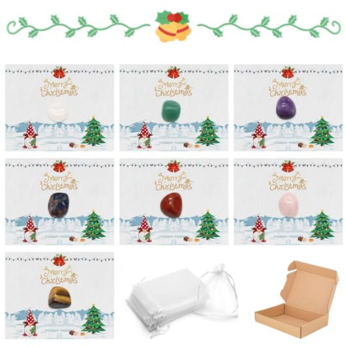 QITHGYD Wichtelstein Set – 7 Magische Natursteine mit 7 Weihnachtskarten und 7 Tüten, Perfektes Wichtel Zubehör Weihnachten und Wichtel Geschenk für Kinder, Wichtelgeschenk Kinder und Rentier Wichtel