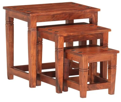 Tonture Lot de 3 tables gigognes en bois d'acacia massif finition noyer, tables d'appoint, tables basses, tables de chevet, style antique, empilables pour salon, chambre à coucher, élégance peu