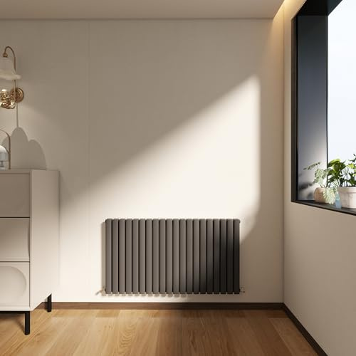 Horizontal Designer Column Radiator, 600x1180mm Column Radiator Anthracite Oval Column, Double Panel Modern Radiator for Bathroom/Living Room, Central Heating Heater, Grey Radiator, Wall Mounted Rads