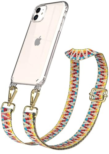 EAZY CASE Handykette - Verstellbares Taschenband kompatibel mit iPhone 11, Schulterriemen, Handykordel mit Silikon Hülle, Umhängetasche, Regenbogen Gold