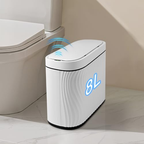 Gaethra Badezimmer Mülleimer mit Deckel 8L Sensor Mülleimer, Wasserdichter Mülleimer Smart Mülleimer mit Soft Close Deckel,KleinerMülleimer/Abfallkorb für Badezimmer Küche Büro Schlafzimmer (Weiß)