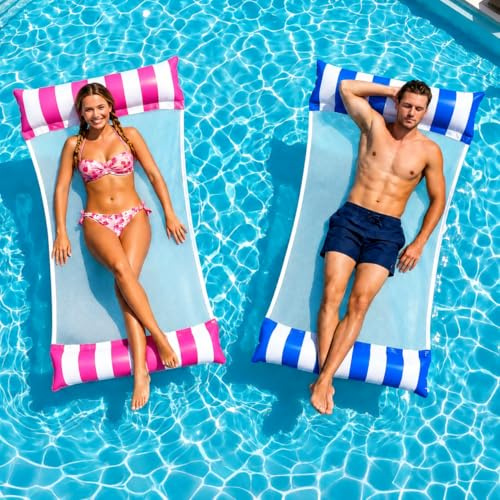 Jiaoshou Pan 2 Piezas Colchoneta Piscina Adultos, Colchoneta Hinchable Piscina XL, Hamaca de Agua 4 en 1 con Red, para Piscina, Playa, Verano, Vacaciones y Relax