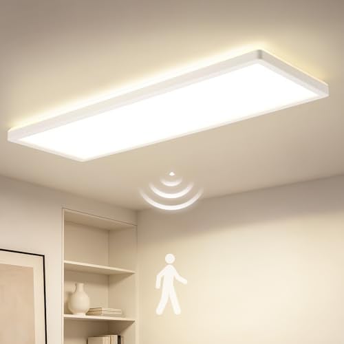 CBJKTX Deckenlampe mit Bewegungsmelder innen 58x20cm LED Deckenleuchte IP44 | Lampe Panel Bewegungssensor 24W 3600LM 4000K Neutralweiß Flach Rechteckig für Flur Treppe Balkon Bad Küche Keller Abstellraum