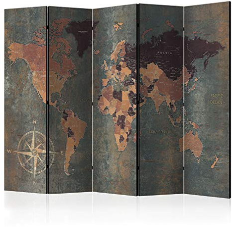 decomonkey Paravent Raumteiler Innen Weltkarte 225x172 cm 5 Teilig Beidseitig Room Divider Wall Raumteiler Stehend Trennwand Sichtschutz Spanische Wand Sichtschutzwand Wohnzimmer Holz Vintage