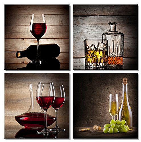 Juego de 4 cuadros de Wieco Art, HD, estirados y enmarcados, con diseño de copas de vino tinto, arte contemporáneo y vintage, cuadro Giclee sobre lienzo para decoración de cocinas