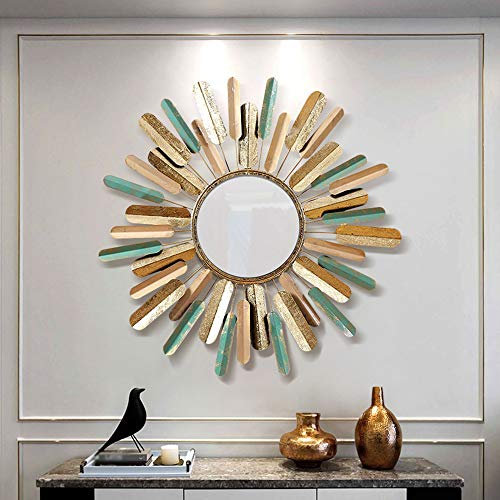 XM-MIRROR Wandspiegel, europäischen Wohnzimmer wanddekoration Spiegel, kreative Heimat Flur Eingang wanddekoration anhänger runde Sonne Form wandbehang Spiegel,Gold,80x80cm