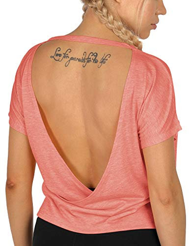 icyzone T-Shirts de Sport et Décontracté de Dos Ouvert pour Femme Yoga Running Fitness Shirt (XL, Rose thé)