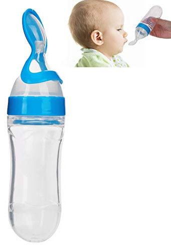 Biberón de silicona para bebés de 90 ml, biberón para niños con cuchara de silicona(Azul)