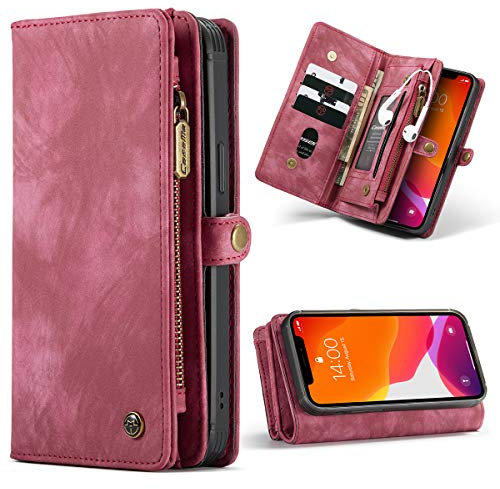 SWP Coque pour iPhone 12 Mini, étui Portefeuille avec Coque magnétique Amovible [10 emplacements pour Cartes] Pochette Portefeuille avec dragonnes, Porte-Monnaie pour iPhone 12 Mini 5,4 (Rouge)