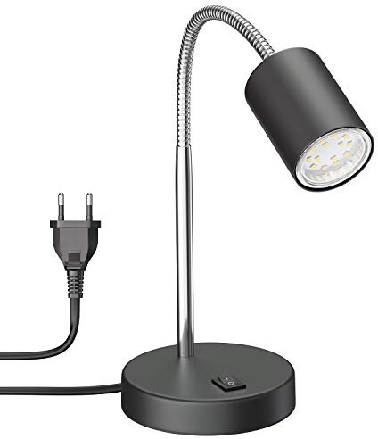 ledscom.de Tischleuchte WAIKA mit Schwanenhals und Schalter schwarz matt, inkl. GU10 LED Lampe (warmweiß, 2,339W, 227lm, 110°)