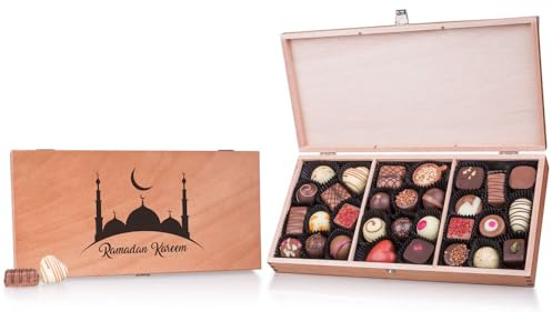 CHOCOLISSIMO - Ramadan - 30 Pralinen ohne Alkohol in Holzkästchen | Geschenk | Schokolade | Mann | Frau | Junge | Mädchen | Moslem | Muslim | Moslime | Muslime | Islam | Fasten | Fastenmonat, Luxus
