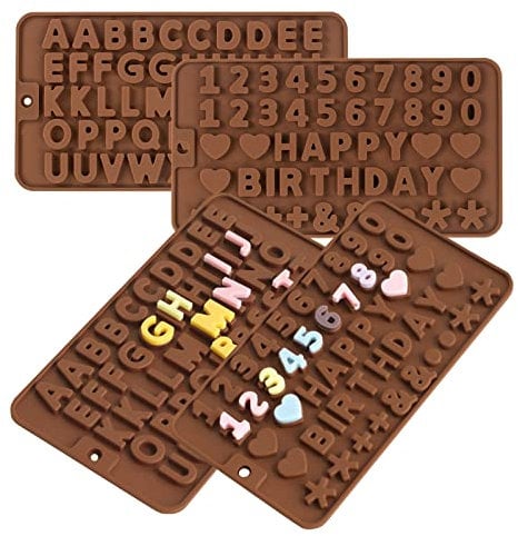 Lot de 4 moules en silicone pour lettres et chiffres, LIUCONGBD Happy Birthday Alphabet Moules à chocolat pour décorations de gâteaux, Pâques, Noël, moules pour sucettes, biscuits, gommes, fondant