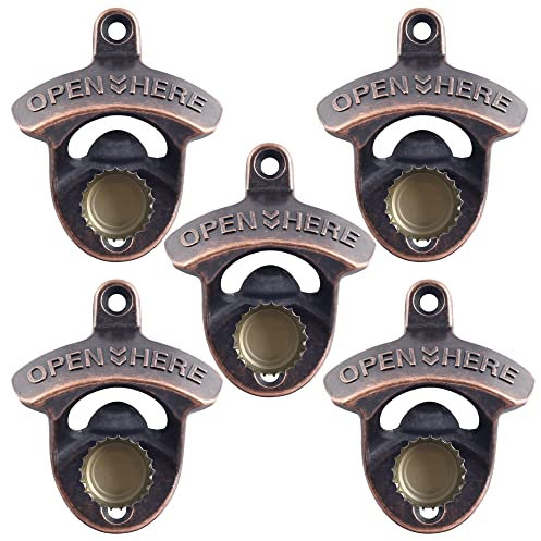 5 Packs Stainless Wall Mounted Magnetic Beer Bottle Opener with Magnetic Cap Catcher Built-in Rustic for Beer Lovers (Antique Copper)