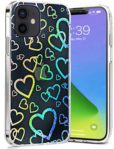 Efitoo Compatible with iPhone 12/iPhone 12 Pro Case Glitter Clear with Design Laser Holographic Rainbow 3D Heart Love Sparkle Cute Bling Hard PC & TPU Shockproof Protective Women Girls Phone Cover