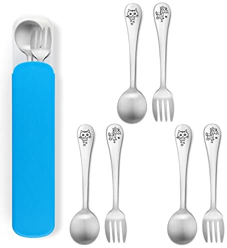 Herogo Kids Cutlery Set, 7 Pieces Stainless Steel Children’s Toddler Cutlery Set Include 3 Giraffe Fork, 3 Cat Spoon, 1 Portable Case, Animal Pattern Flatware Utensils Set, Dishwasher Safe, Silver
