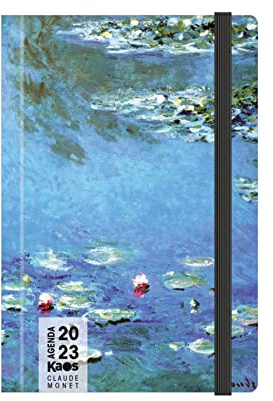 KAOS Tageskalender 2023-12 Monate mit Planer – Medium 12 x 18,6 cm – für Zuhause, Büro, Schule, Universität – Hardcover, flaches Gummiband, Lesezeichen, abgerundete Ecken – Monet – Seerosen