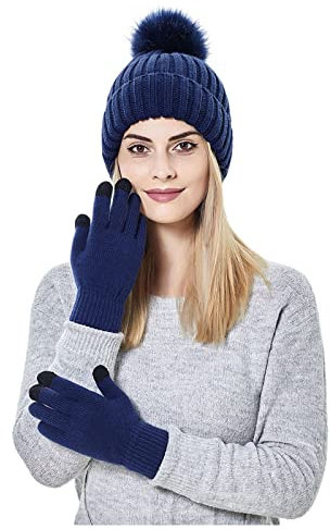 QinMMSPORTS Mit Handschuhen, Wintermütze, Manschette, Warmer Mütze, Ski, weich, warm, dick, gestrickt, Strickmütze, Baseballmützen Fellbommel Für Mützen 20 cm (Navy, One Size)