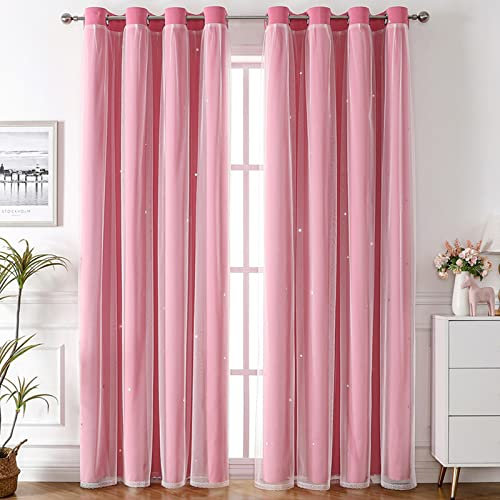 Nyescasa Verdunklungs Vorhänge Kinderzimmer Vorhang Doppellagige Gardienen mit Höhlen Sterne mit Voile Ösenschal für Wohnzimmer Schlafzimmer Mädchen Dekoschal 2er Set 130x100cm(H×B) Rosa
