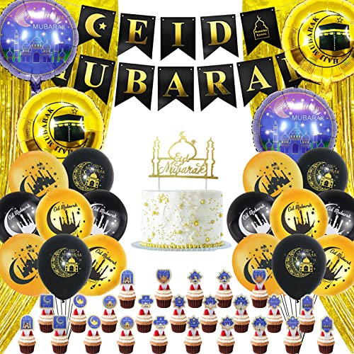 Eid Mubarak Dekoration, 47 Stücke Eid Mubarak Ballon Luftballons, Eid Mubarak Banner, Ramadan Mubarak Party Dekoration, Ramadan Ballons für Ramadan Dekoration 2025 und Eid Mubarak Feier